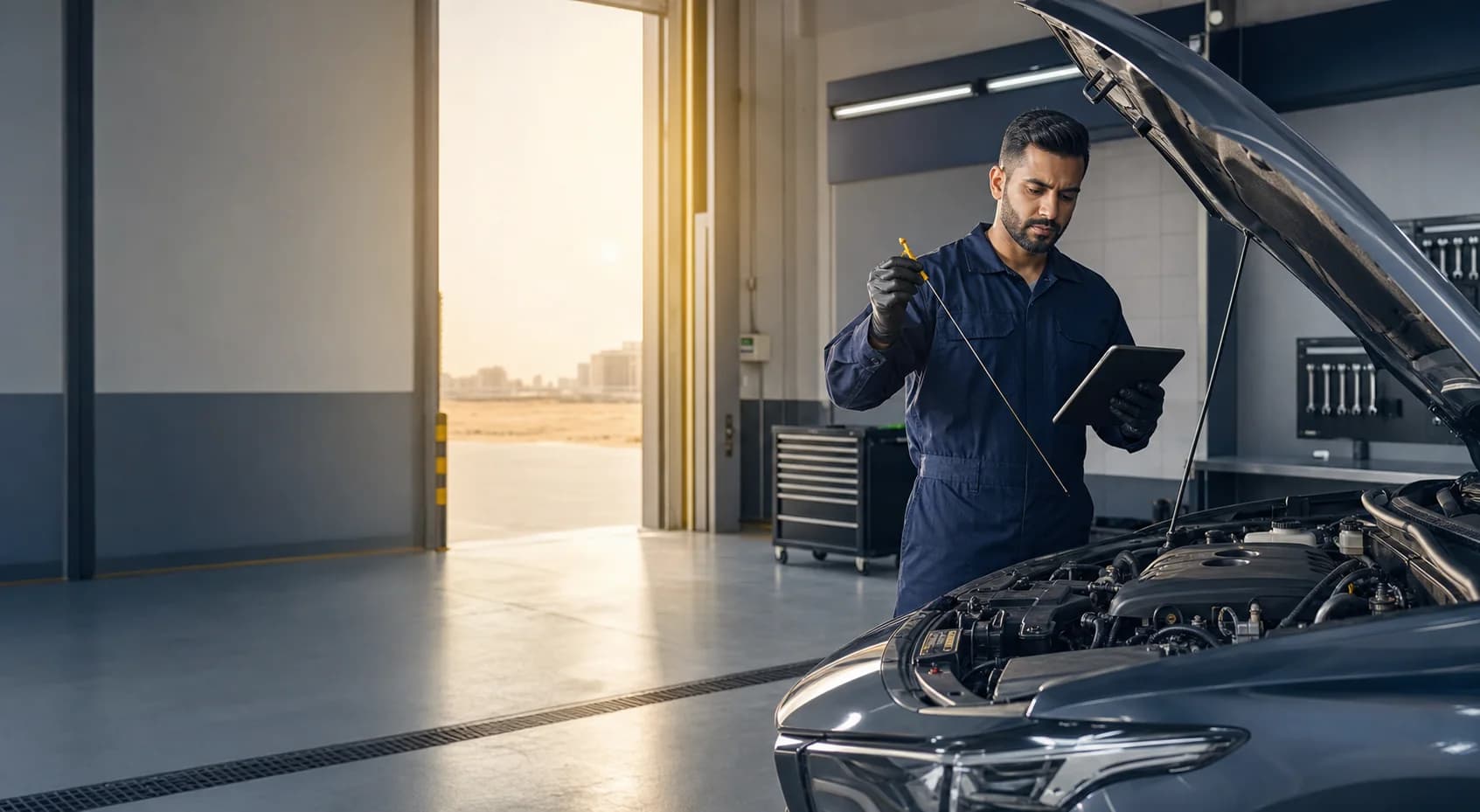 Technician checking engine oil in a UAE workshop during hot weather