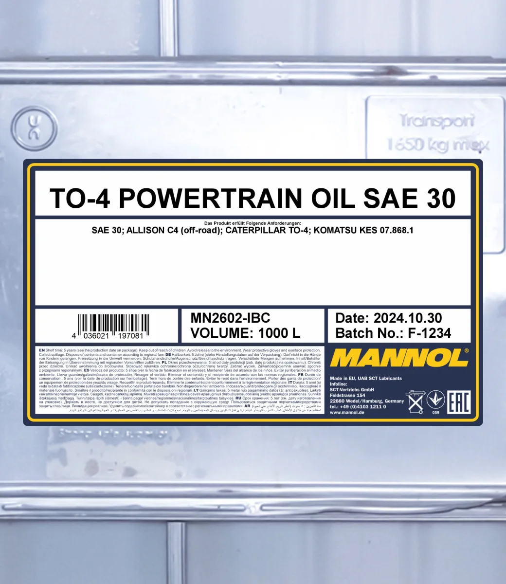 MANNOL TO-4 Powertrain Oil SAE 30 2602 1000L product image 2