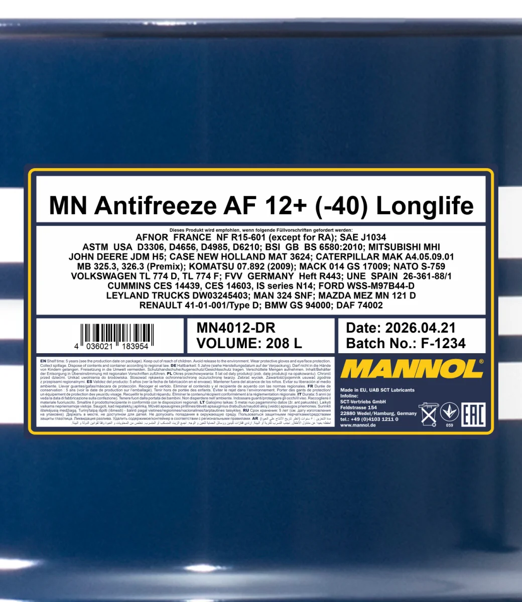 MANNOL Antifreeze AF12+ (-40 C) Longlife 4012 208L product image 2