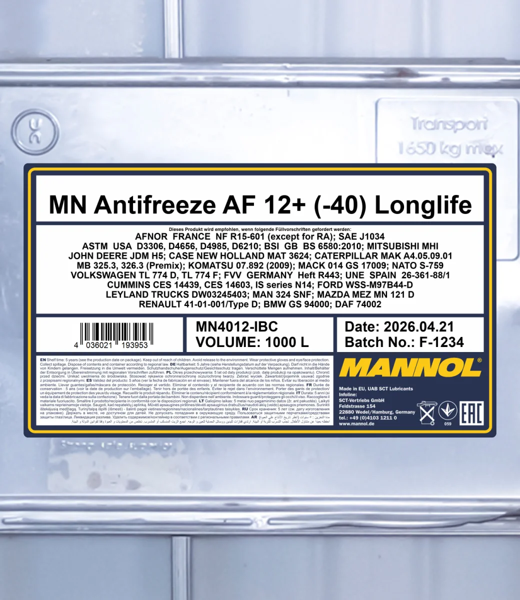 MANNOL Antifreeze AF12+ (-40 C) Longlife 4012 1000L product image 2